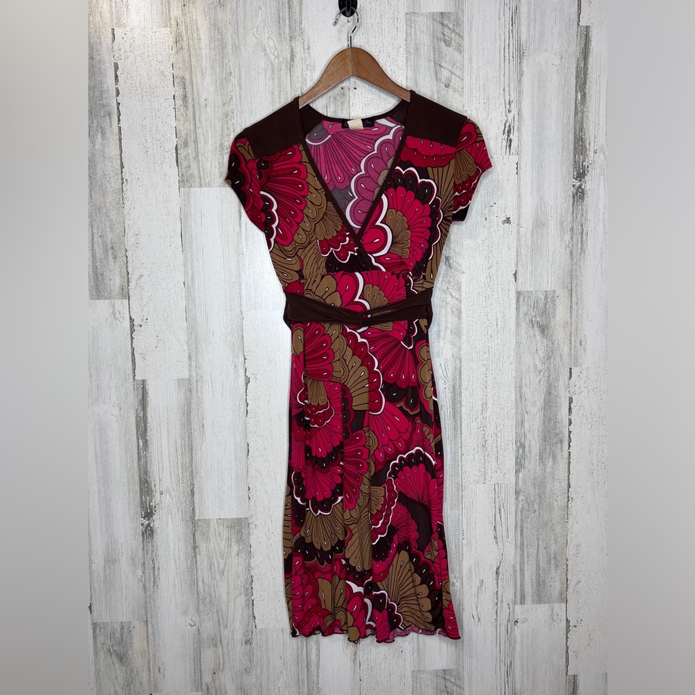 Volume One Women's V Neck Abstract Floral Dress Pink Brown Size Small